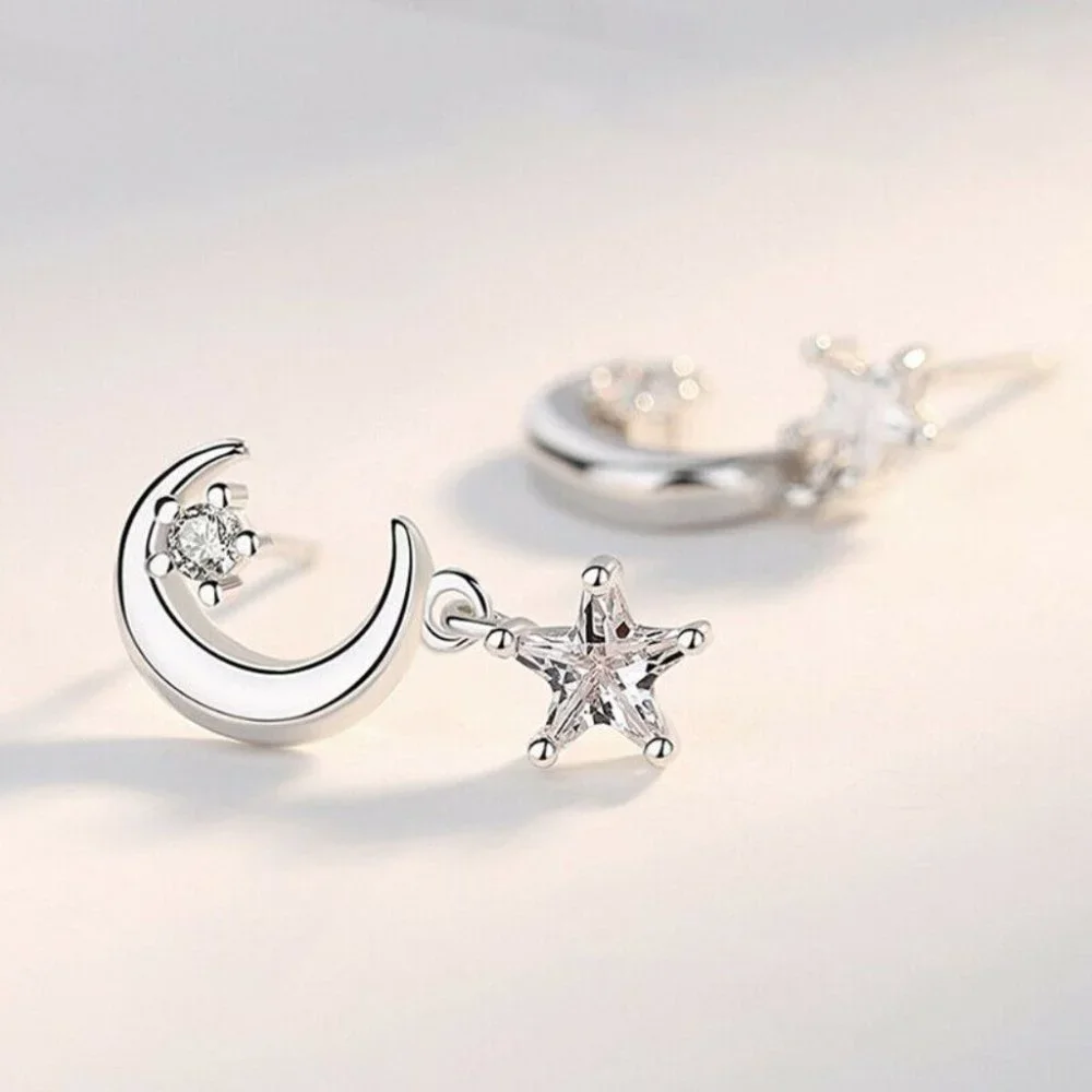 NEW 925 Silver White Sapphire Star & Moon Earrings